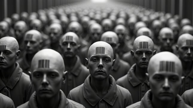 A Group of Bald Individuals with Barcodes on Their Foreheads Standing Together in a Monochrome Setting