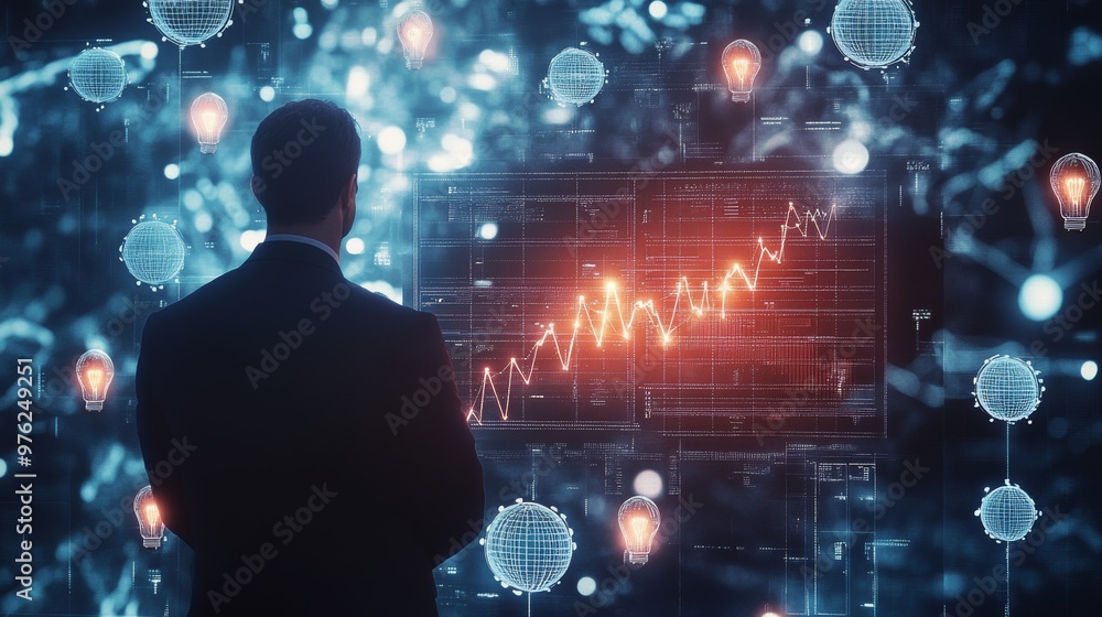Poster businessman looking at data and graphs on a futuristic display.