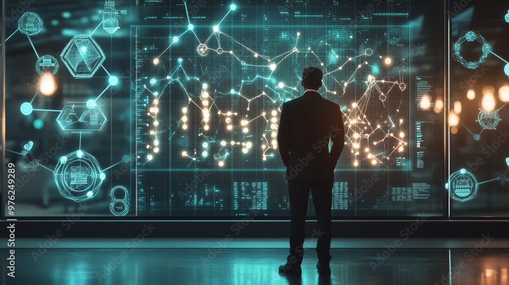 Poster businessman analyzing data on large interactive screen.