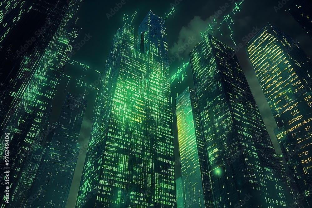 Poster neon matrix metropolis. a cyberpunk cityscape of skyscrapers covered in flowing digital binary code 