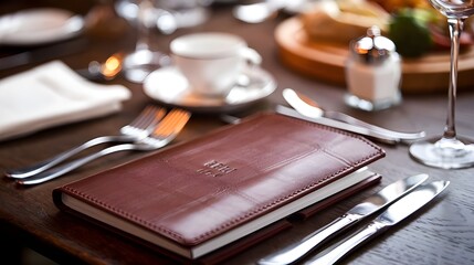 Leather Menu on Wooden Table in Restaurant Setting