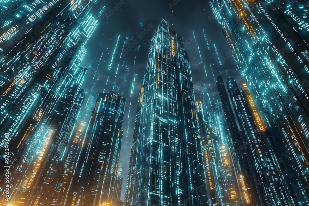 Poster neon matrix metropolis. a cyberpunk cityscape of skyscrapers covered in flowing digital binary code 
