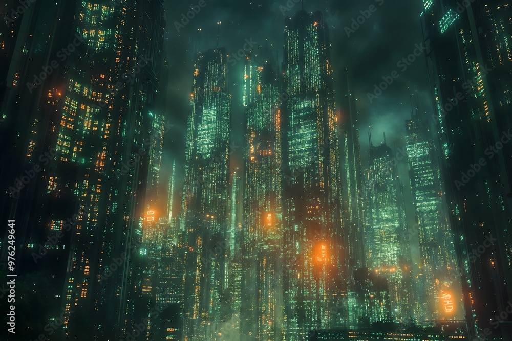 Poster neon matrix metropolis. a cyberpunk cityscape of skyscrapers covered in flowing digital binary code 