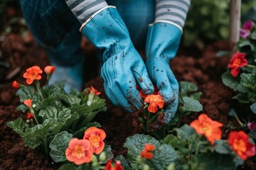 Naklejka premium A gardener carefully cultivates orange flowers in rich soil, demonstrating proper techniques for planting and nurturing vibrant blooms on a beautiful day.
