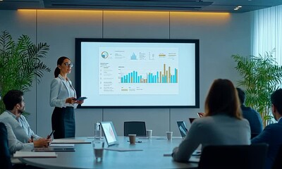 A businesswoman giving a presentation with a digital projector displaying charts and graphs on the screen