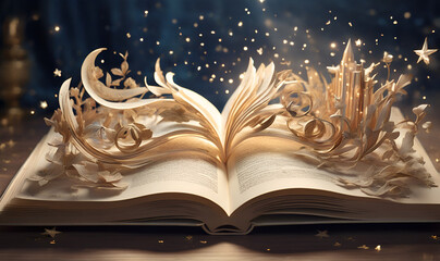 Naklejka premium An open book with shining stars and soft rays of light all around