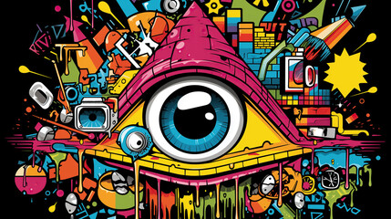 This striking artwork showcases an eye surrounded by a chaotic symphony of colors, shapes, and artistic elements, celebrating imagination and expression