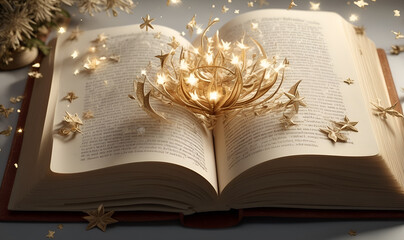An open book with shining stars and soft rays of light all around