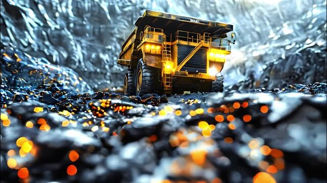 Large industrial dump truck in a mining environment.