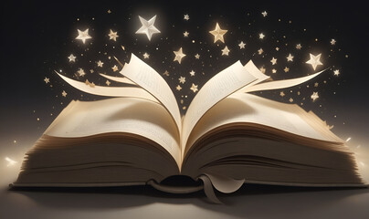 An open book with shining stars and soft rays of light all around