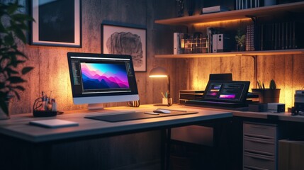 Modern Home Office Desk with Computer and Laptop.