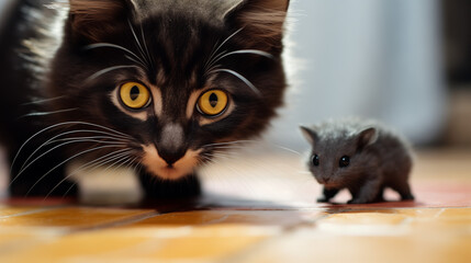 Playful grey cat examining a fuzzy toy mouse in a warm indoor environment
