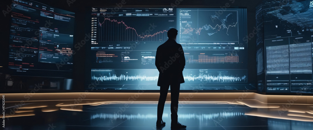 Poster silhouette of a person standing in front of a giant digital screen with a flow of data showing stock