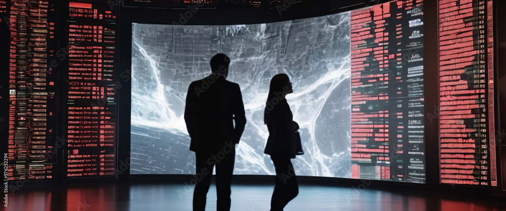 Poster silhouette of a person standing in front of a giant digital screen with a flow of data showing stock