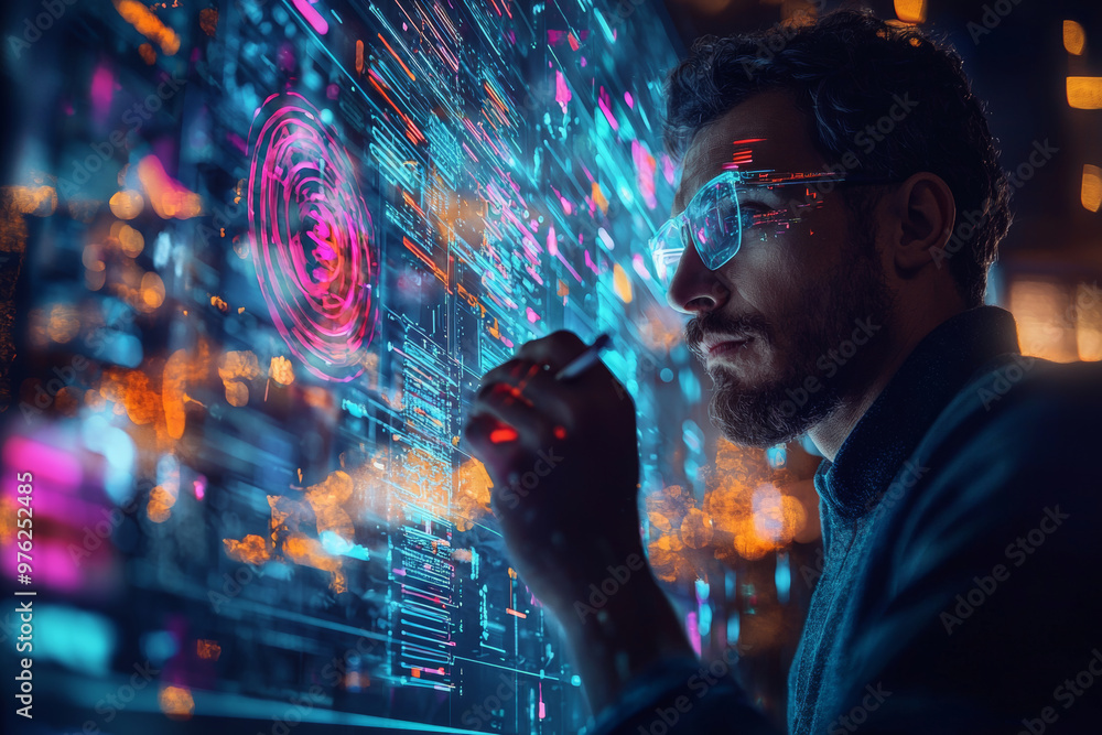 Poster a focused businessman is drawing colorful lines and shapes on digital screen, surrounded by vibrant 