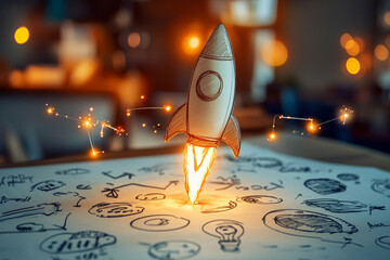 A creative rocket launching from stack of ideas, symbolizing innovation and inspiration. warm glow and dynamic sketches evoke sense of excitement and potential