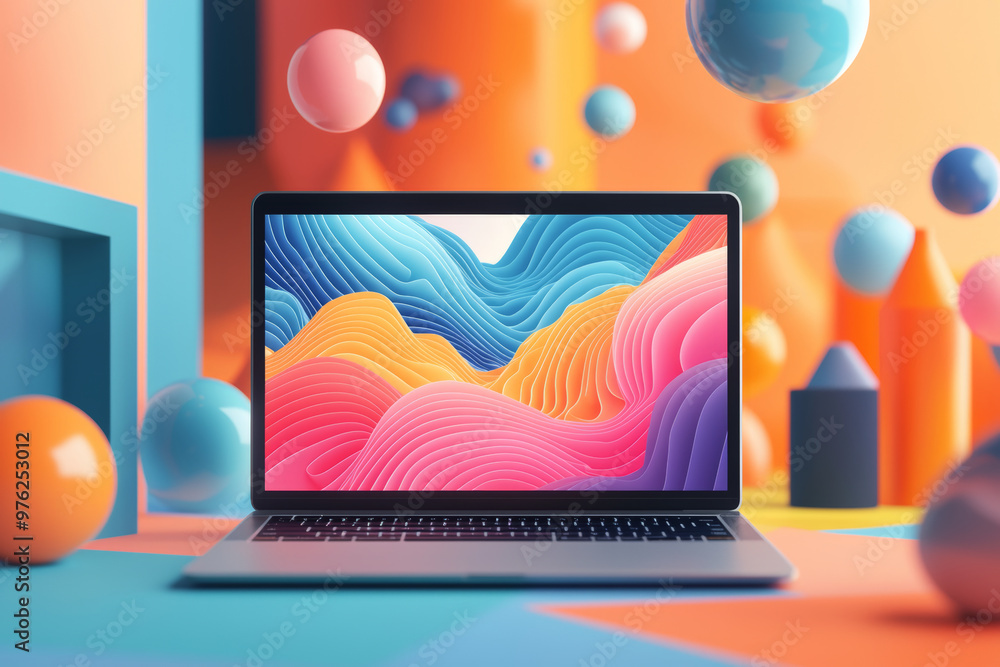 Poster a laptop screen displaying creative design with vibrant colors and smooth waves, surrounded by color
