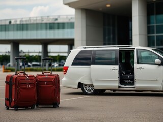 Travel bags and minivan at airport ready for convenient journey departure