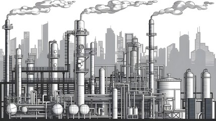Obraz premium Industrial Cityscape Factory with Smoke Stacks and City Skyline