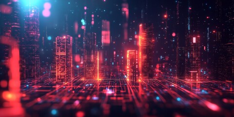 Obraz premium A vibrant and captivating digital background showcasing advanced technology, intricate data, and artificial intelligence, all illustrated through stunning neon lights and striking geometric patterns