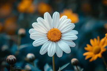 A beautiful flower blooming in garden, symbolizing growth and renewal, stands out with its white petals and vibrant yellow center. surrounding greenery enhances its charm