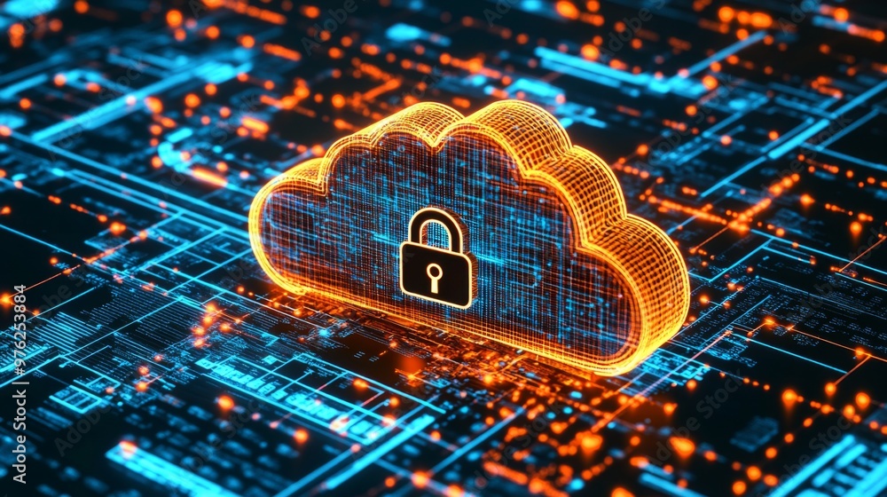 Poster cybersecurity in cloud environments depicted through a cloud and secure padlock illustration
