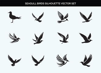 Black Seagull Bird Silhouette Vector Illustration with Editable Transparent Background