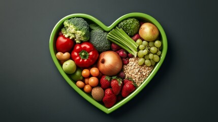 A vibrant photo of a heart-shaped bowl filled with fresh fruits, vegetables, and whole grains