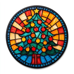 Vibrant stained glass artwork featuring a Christmas tree adorned with colorful ornaments and a star on top.