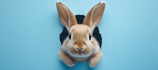 Fototapeta premium A Curious Rabbit Peeking Through a Blue Background During Springtime Exploration