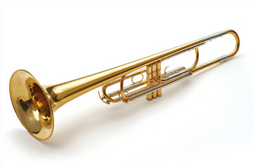 Obraz premium A shiny brass trombone rests elegantly on white background, showcasing its smooth curves and polished finish. This instrument embodies musical artistry and craftsmanship