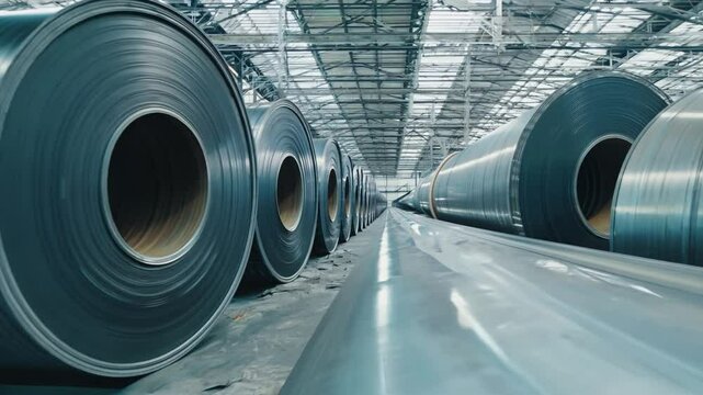 Large pipes and metal coils storing in the modern industrial warehouse