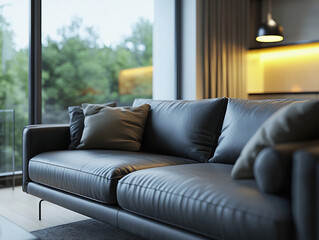 Lawson sofa, casual design, charcoal grey leather, modern loft apartment, evening ambient light from large windows