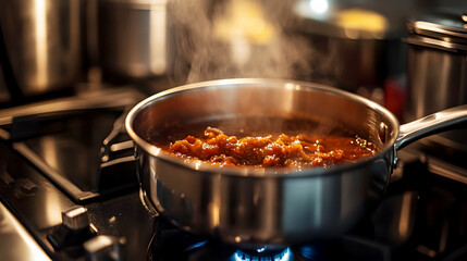 close-up of a stainless steel saucepan filled with simmering sauce, the polished surface gleaming