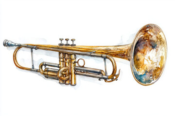 Obraz premium A beautifully detailed watercolor illustration of brass trumpet, showcasing its shiny surface and intricate design. vibrant colors and artistic strokes evoke sense of musical elegance and creativity
