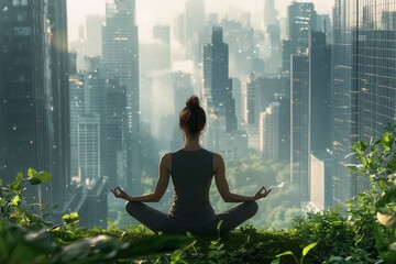 Young woman meditating in zen corner, a green oasis of tranquility, surrounded by bustling metropolis, skyscrapers, city noise, and traffic jams, concept of peace amidst urban chaos.