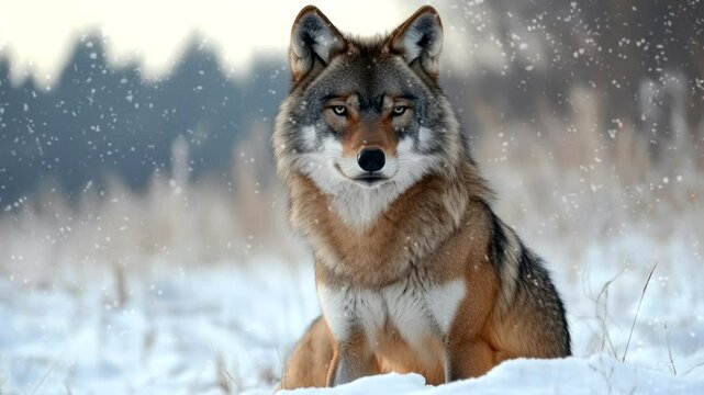 Majestic wolf sitting on snow-covered ground under falling snowflakes. Wildlife concept