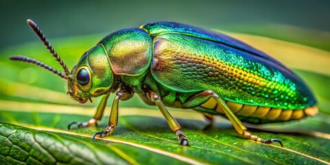 Naklejka premium A Close-Up of a Vibrant Green Jewel Beetle on a Leaf, Macro Photography, Insect, Nature, Wildlife, Jewel Beetle, Beetle