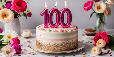 Delicious festive sweet cake with candle number 100, elegant flowers