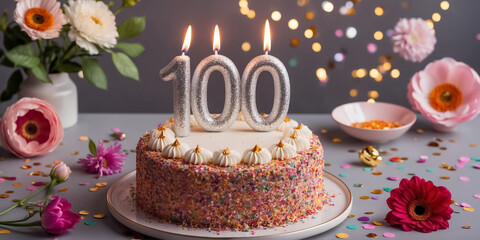 Delicious festive sweet cake with candle number 100, elegant flowers