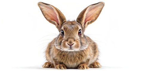 Obraz premium A Curious Brown Rabbit with Large Ears, Close-up Portrait, Isolated on White Background, rabbit, bunny, pet
