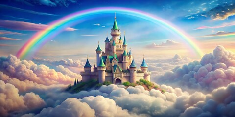 A Majestic Castle Perched Above the Clouds with a Rainbow, Fantasy, Dreamlike, Fairytale, Castle in the Sky, castle, rainbow