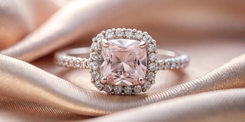A Pink Diamond Ring with a Halo Setting on a Soft Fabric, diamond ring, halo setting, fabric texture