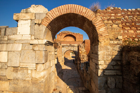 Lefke Gate (Lefke Kapi) of ancient Iznik Castle. Historical stone walls and doors of Iznik, Bursa.