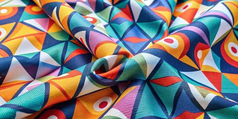 Abstract Geometric Textile Fabric, Blue Background, Colorful Design, Geometric Fabric, Abstract Pattern, Textile Design