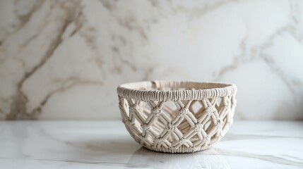 Fototapeta premium Intricate Macrame Basket with Symmetrical Knot Patterns, Modern Minimalist Aesthetic, Highlighted Against a White Marble Background