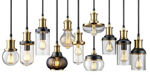 Black and Gold Pendant Lights with Clear Glass Shades, 3D Rendering, Interior Design, Lighting Fixture, Pendant Light, Chandelier, Modern Design
