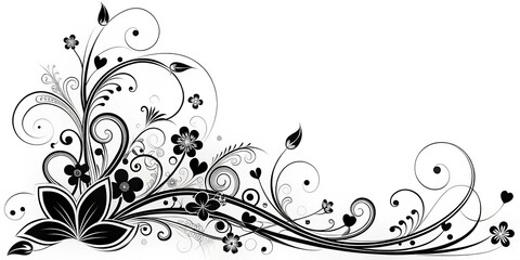 Black and White Floral Design with Swirls and Hearts, Design, Vector, Illustration, Black and White, Floral, Swirl