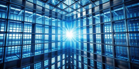 Blue Glass Cube with Light Burst - Abstract Architecture, Geometric Patterns, Digital Art, 3D Rendering, Glass, Cube, Blue