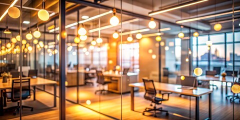 Blurred View Through Glass Wall of Modern Office with Warm Lighting, office design, modern interior, warm lighting